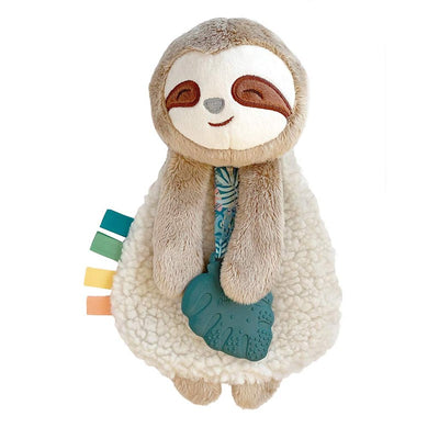 Itzy Ritzy sloth lovey featuring a plush sloth head, soft fabric body, and attached blue silicone teether with colorful tags.
