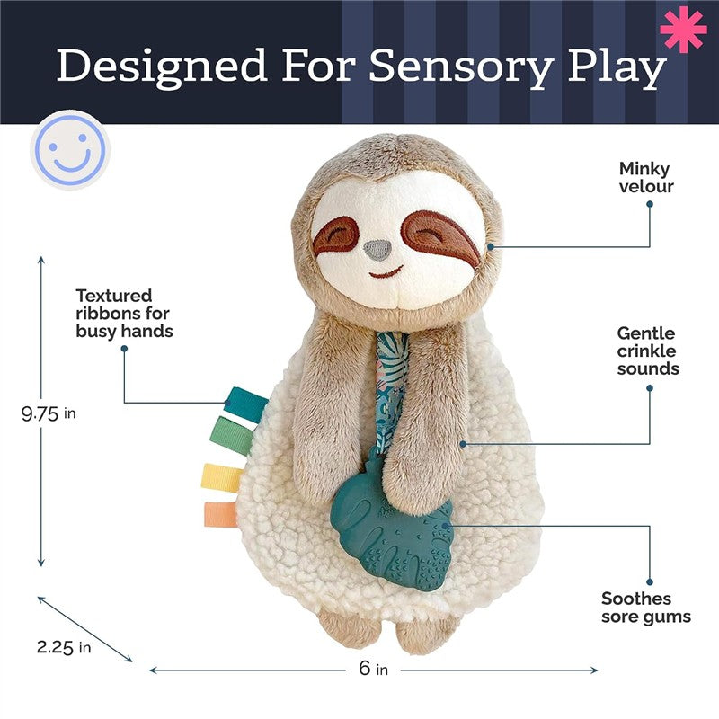 Sloth-shaped lovey with a teether, featuring textured ribbons, soft minky velour, and crinkle sounds, designed for sensory play.