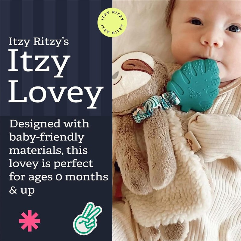 Itzy Ritzy Sloth Lovey featuring a soft sloth design and a teal teether, suitable for infants 0 months and up.