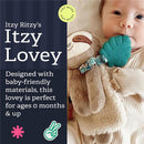 Itzy Ritzy Sloth Lovey featuring a soft sloth design and a teal teether, suitable for infants 0 months and up.