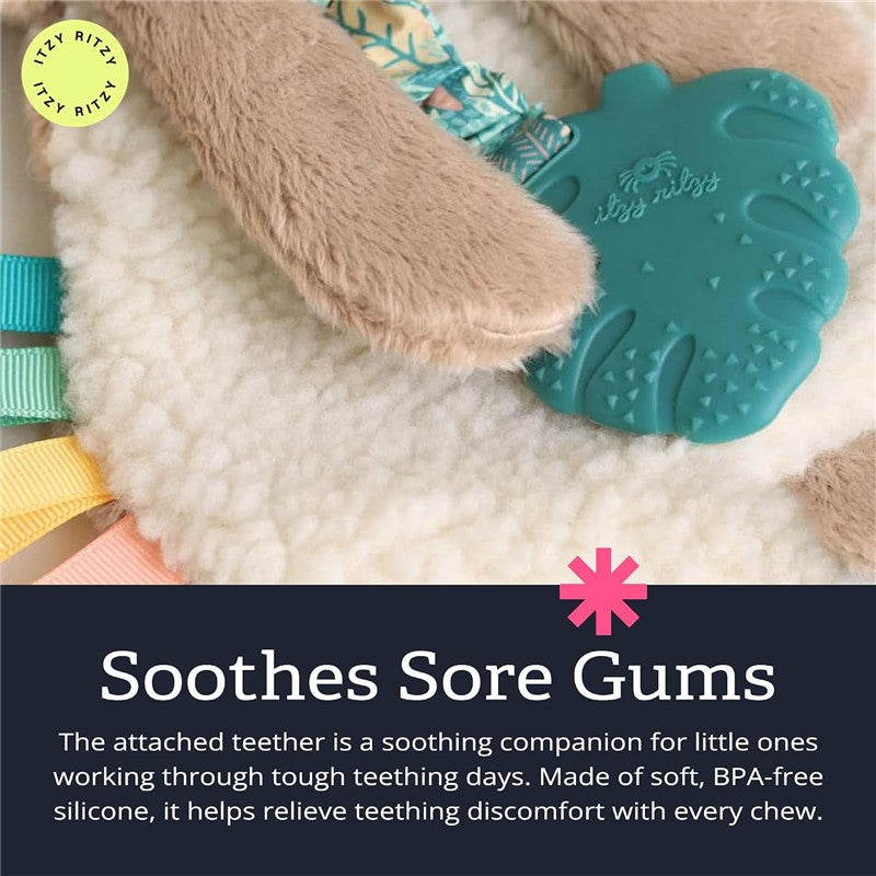 Itzy Ritzy Sloth Lovey with a teal teether, featuring soft fur, a plush body, and colorful attachment ribbons for soothing teething relief.
