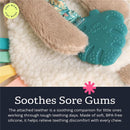Itzy Ritzy Sloth Lovey with a teal teether, featuring soft fur, a plush body, and colorful attachment ribbons for soothing teething relief.