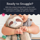 Itzy Ritzy Sloth Lovey features a plush sloth with a teether, being cuddled by a smiling baby wearing a gray outfit.