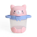 Itzy Ritzy Snack Pal Snack Cup in kitty design, featuring a pink cat head and a clear container with blue accents.