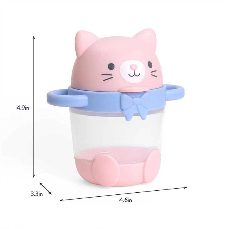 Kitty-themed snack cup with pink cat design, blue accents, clear body, handles, and dimensions marked.