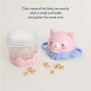 Itzy Ritzy Snack Pal Snack Cup in pink kitty design, featuring a clear container with cereal and scattered snacks.