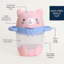 Kitty-themed snack cup with attached lid, clear body, and easy-grasp handles, ideal for mess-free snacking.