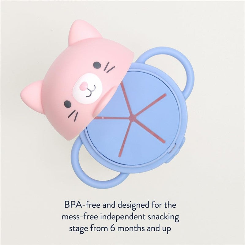 BPA-free snack cup designed for mess-free independent snacking, featuring a pink kitty lid and blue base.