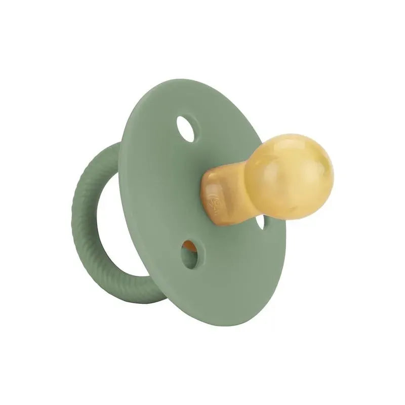 Natural rubber pacifier in succulent agave color, featuring a round shield and a smooth yellow nipple.
