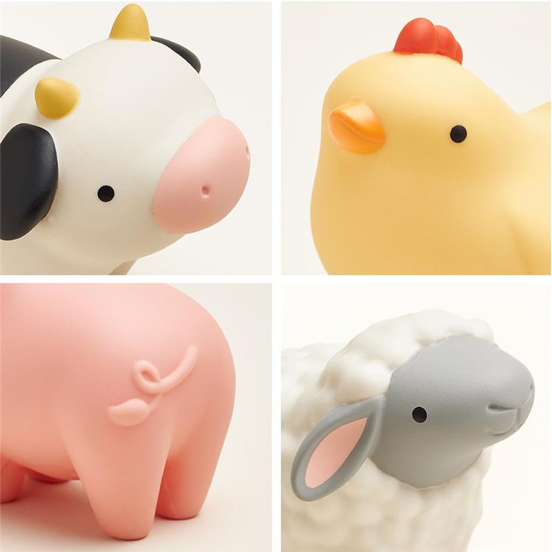 Colorful farm animal figures include a cow, chicken, pig, and sheep, designed for playful, sensory exploration.