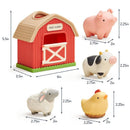Spill and Fill Activity Toy Farm Friends set featuring a red barn and four animals: a pig, cow, sheep, and chicken, each in vibrant colors.