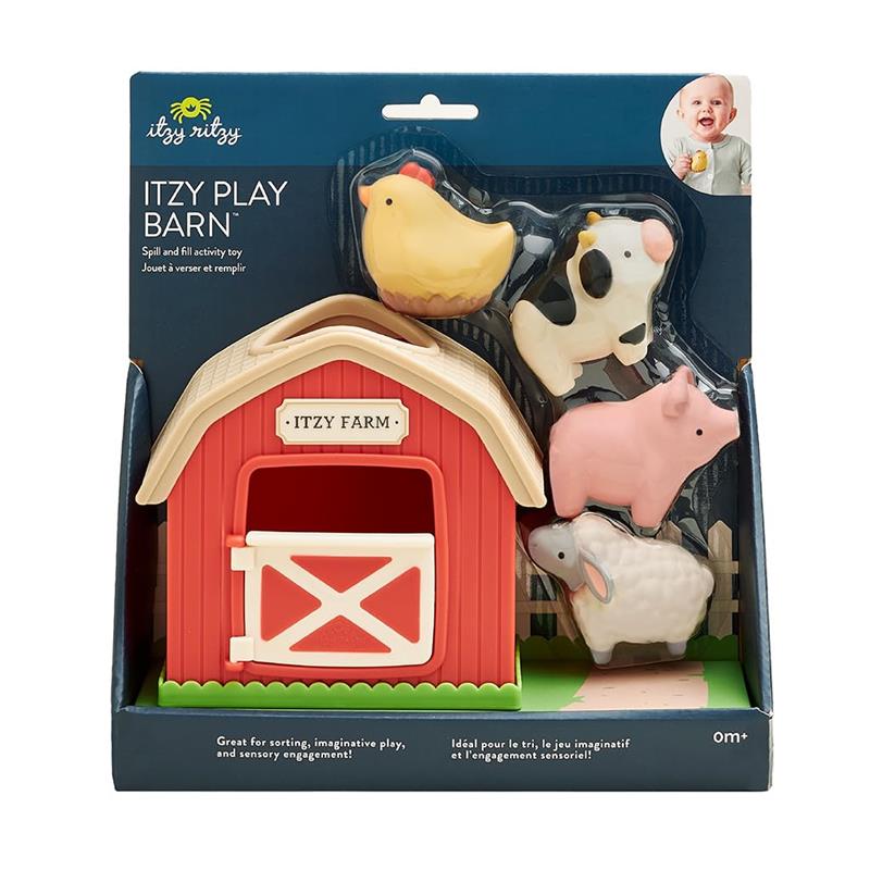 Spill and fill activity toy set including a red barn and four animal figures: a chick, cow, pig, and sheep.