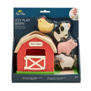 Spill and fill activity toy set including a red barn and four animal figures: a chick, cow, pig, and sheep.