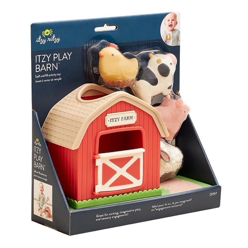 Spill and fill activity toy featuring a red barn and colorful animal figures including a chicken, cow, and pig.