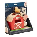 Spill and fill activity toy featuring a red barn and colorful animal figures including a chicken, cow, and pig.