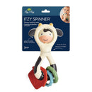 Sensory teething rattle featuring a smiling cow design, two rings, and colorful elements; spins and rattles.