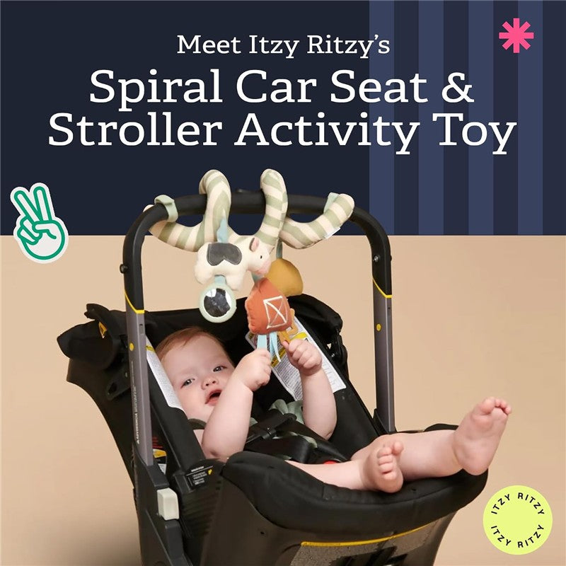 Spiral car seat activity toy featuring a striped animal and colorful attachments, with a baby interacting in a car seat.