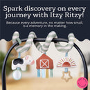 Itzy Ritzy Spiral™ Car Seat Activity Toy features a cow, barn, and sun-themed plush elements, enhancing car seat play.