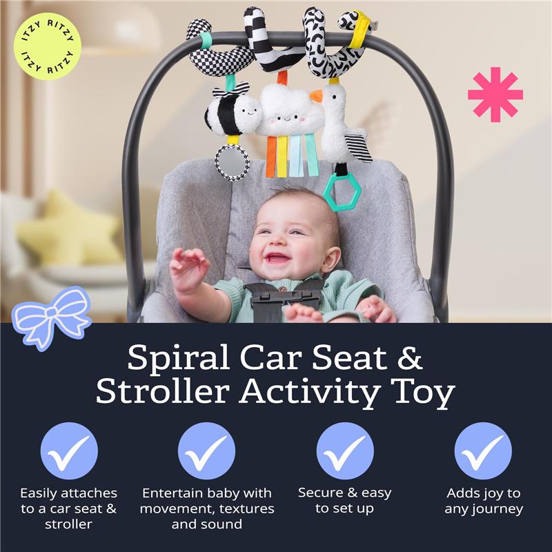 Baby enjoying the Itzy Ritzy Spiral Car Seat & Stroller Activity Toy with colorful hanging elements designed for sensory engagement.