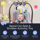 Baby enjoying the Itzy Ritzy Spiral Car Seat & Stroller Activity Toy with colorful hanging elements designed for sensory engagement.