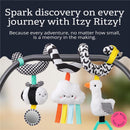 Colorful Itzy Ritzy Spiral Car Seat & Stroller Activity Toy featuring plush animals and a mirror for sensory exploration.