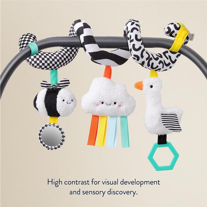 Spiral activity toy featuring a bee, cloud, and goose, designed for car seats and strollers, promoting sensory discovery.