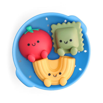 Itzy Ritzy Splash Pals™ Wash and Play Squirter Set featuring three colorful food-shaped toys: a red tomato, a green ravioli, and a yellow macaroni.