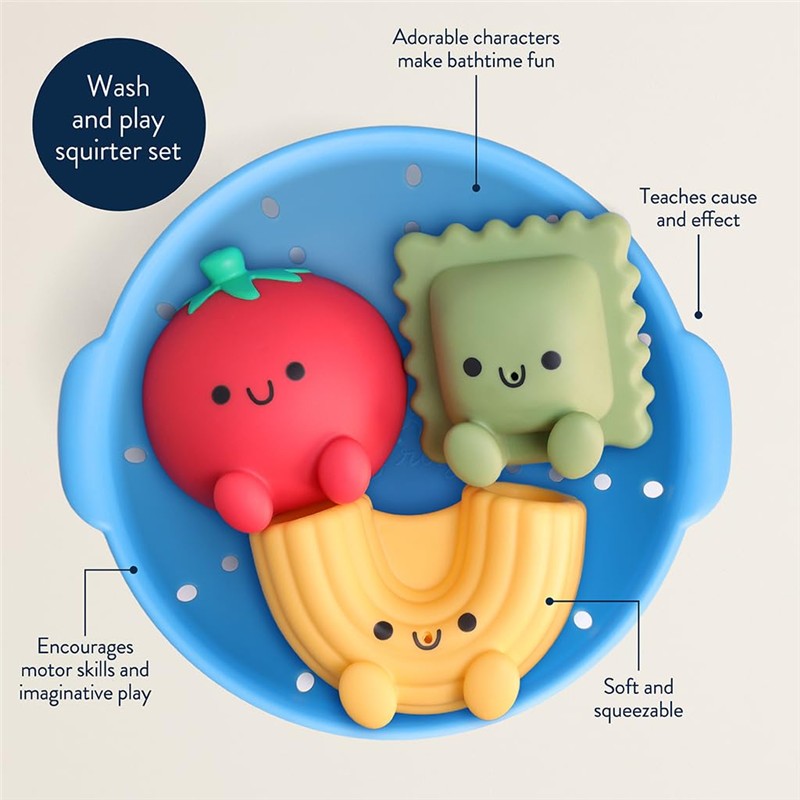 Itzy Ritzy Splash Pals™ Wash and Play Squirter Set featuring cute pasta, tomato, and ravioli characters for bath time fun.