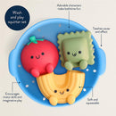 Itzy Ritzy Splash Pals™ Wash and Play Squirter Set featuring cute pasta, tomato, and ravioli characters for bath time fun.
