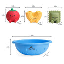 Itzy Ritzy Splash Pals™ Wash and Play Squirter Set featuring tomato, macaroni, and ravioli squirters with a blue colander.