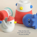 Stack & Squirt Bath Toy Set featuring a seagull, octopus, and stacking cups; encourages motor skills and cause-effect learning.