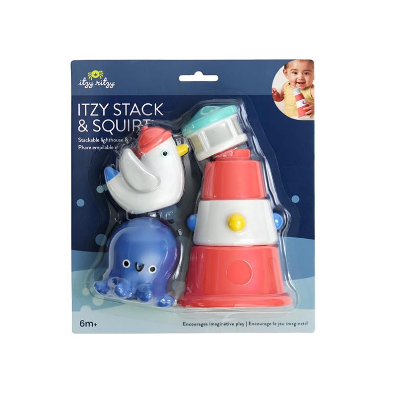 Stack and Squirt Bath Toy Set from Itzy Ritzy featuring a stackable lighthouse, a bird, and an octopus, promoting imaginative play.