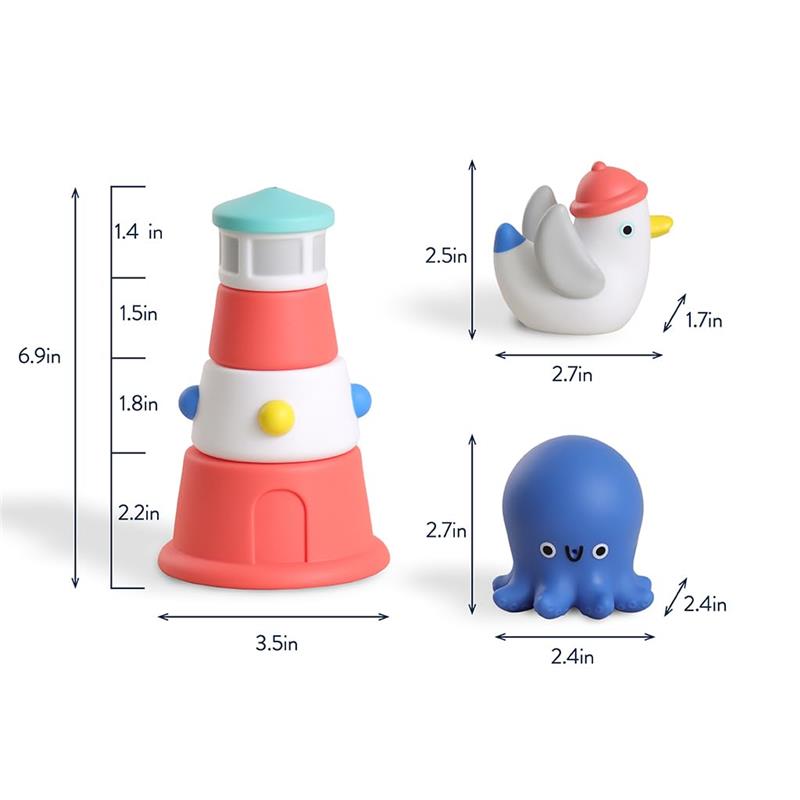 Nautical-themed Stack & Squirt Bath Toy Set featuring a lighthouse, duck, and octopus, each with vibrant colors and sizes.
