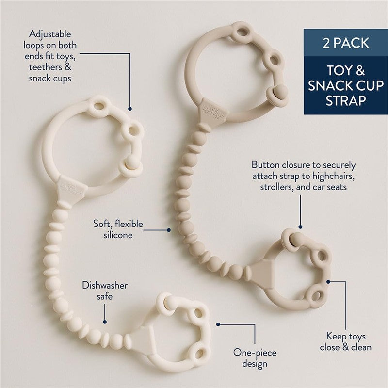 Two silicone toy and snack cup straps in soft beige, featuring adjustable loops and button closure for secure attachment.