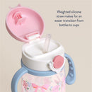 Itzy Ritzy Straw Sippy Cup in Ribbons & Roses design, featuring a weighted silicone straw and a pink lid.