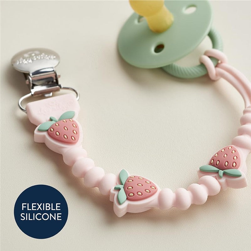 Silicone pacifier clip featuring strawberries, flexible design, and metal clip for secure attachment.