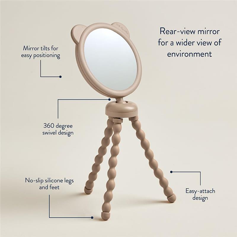 Rear-view mirror for strollers with bear ears, featuring tilting mirror, 360-degree swivel, and no-slip silicone legs.