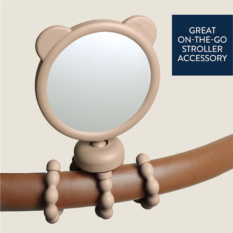 Bear-shaped stroller mirror attached to a brown handle, designed for on-the-go use.