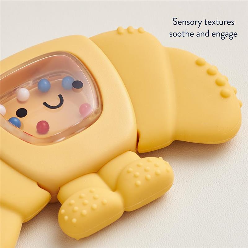 Teething and rattle toy shaped like a croissant, featuring sensory textures and a smiling face with colorful beads.