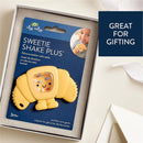 Silicone teether and rattle toy shaped like a croissant, designed to soothe sore gums for babies 3 months and older.