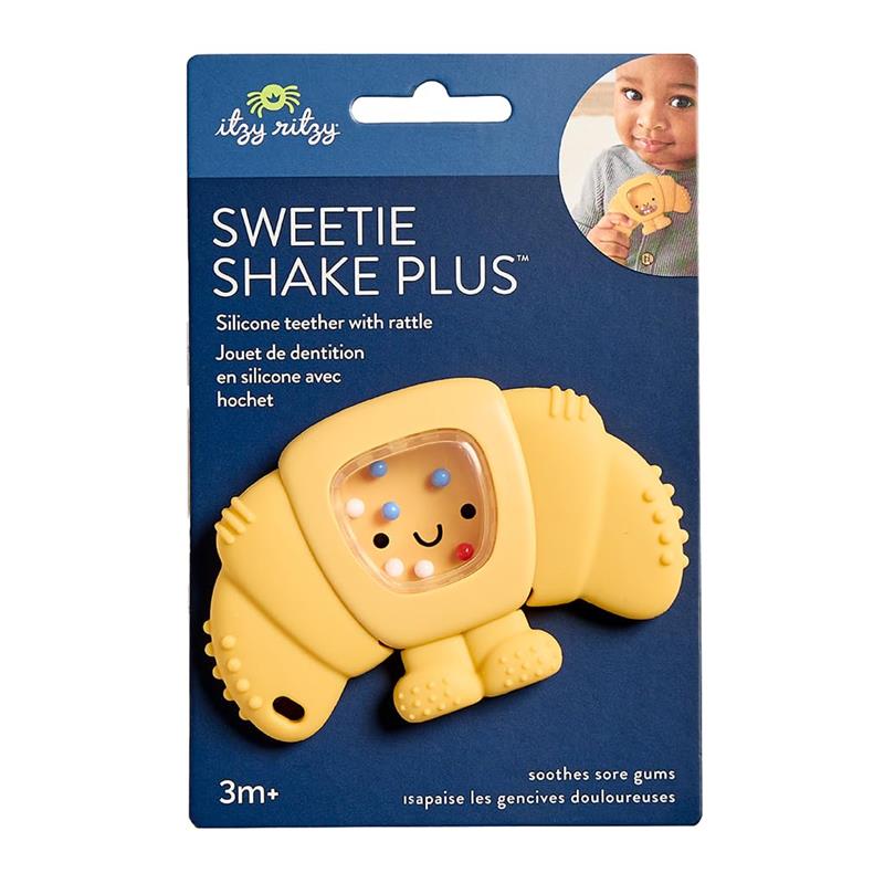 Silicone teething rattle toy shaped like a croissant, featuring a smiling face and colorful beads, suitable for ages 3 months and up.