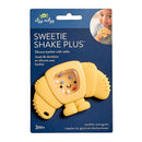 Silicone teething rattle toy shaped like a croissant, featuring a smiling face and colorful beads, suitable for ages 3 months and up.