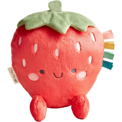 Plush strawberry toy with a smiling face, green leaves, and colorful ribbon tags, perfect for cuddling.