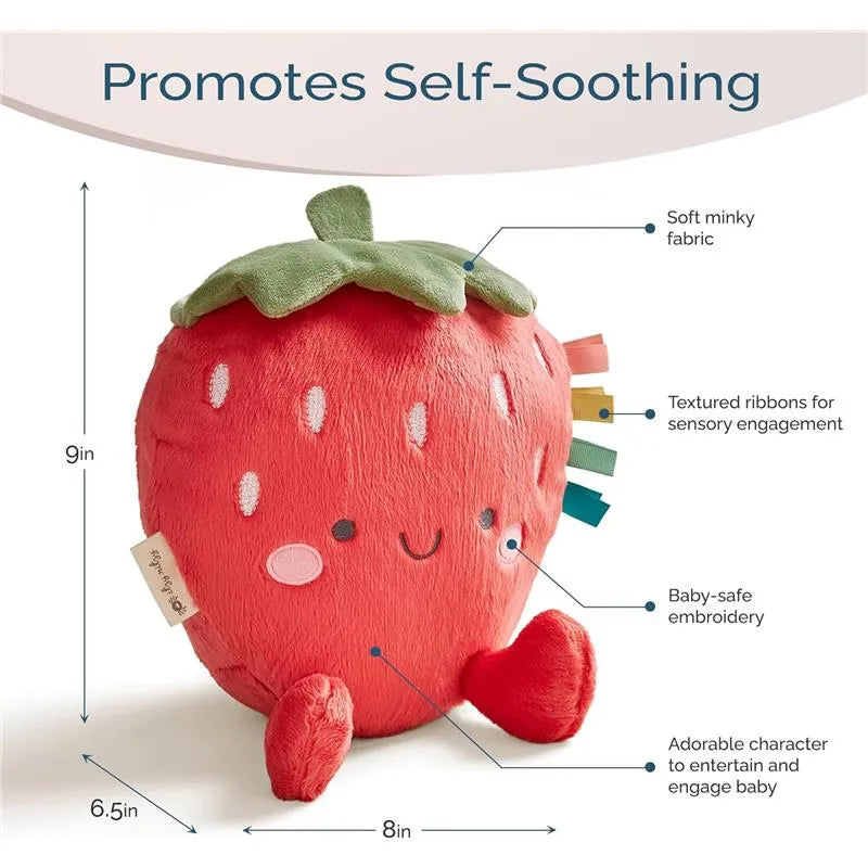 Plush strawberry toy with soft fabric, textured ribbons, and baby-safe embroidery, promoting self-soothing for infants.