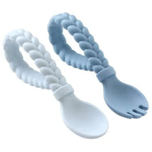 Spoon and fork set for toddlers featuring a blue spoon and white fork, both with textured, braided handles.