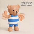 Wind-up bear bath toy in a blue and white striped swimsuit, ready for playful splashing in the water.