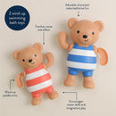 Wind-up bath toys featuring two bear characters in striped swimsuits, promoting fun and motor skill development.