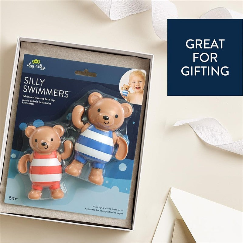 Wind-up bath toy set featuring two bear figures in striped swimsuits, suitable for ages 6 months and up.