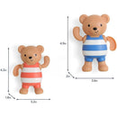 Two wind-up bath toys shaped like bears, one in red stripes and the other in blue stripes, displayed with dimensions.