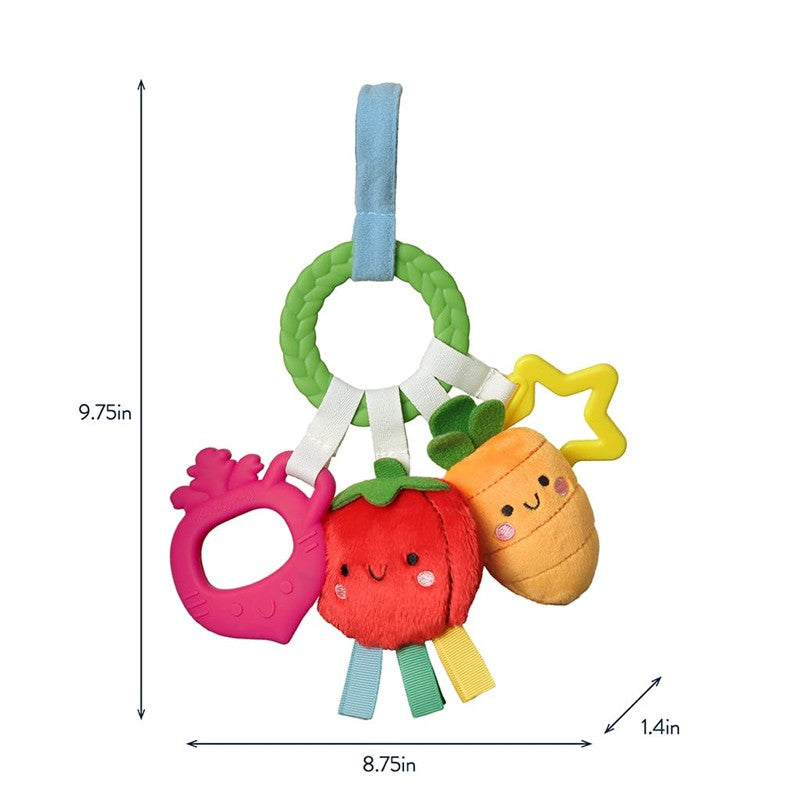 Teething activity toy featuring colorful fabric fruits—a strawberry, carrot, and a pink heart-shaped ring.